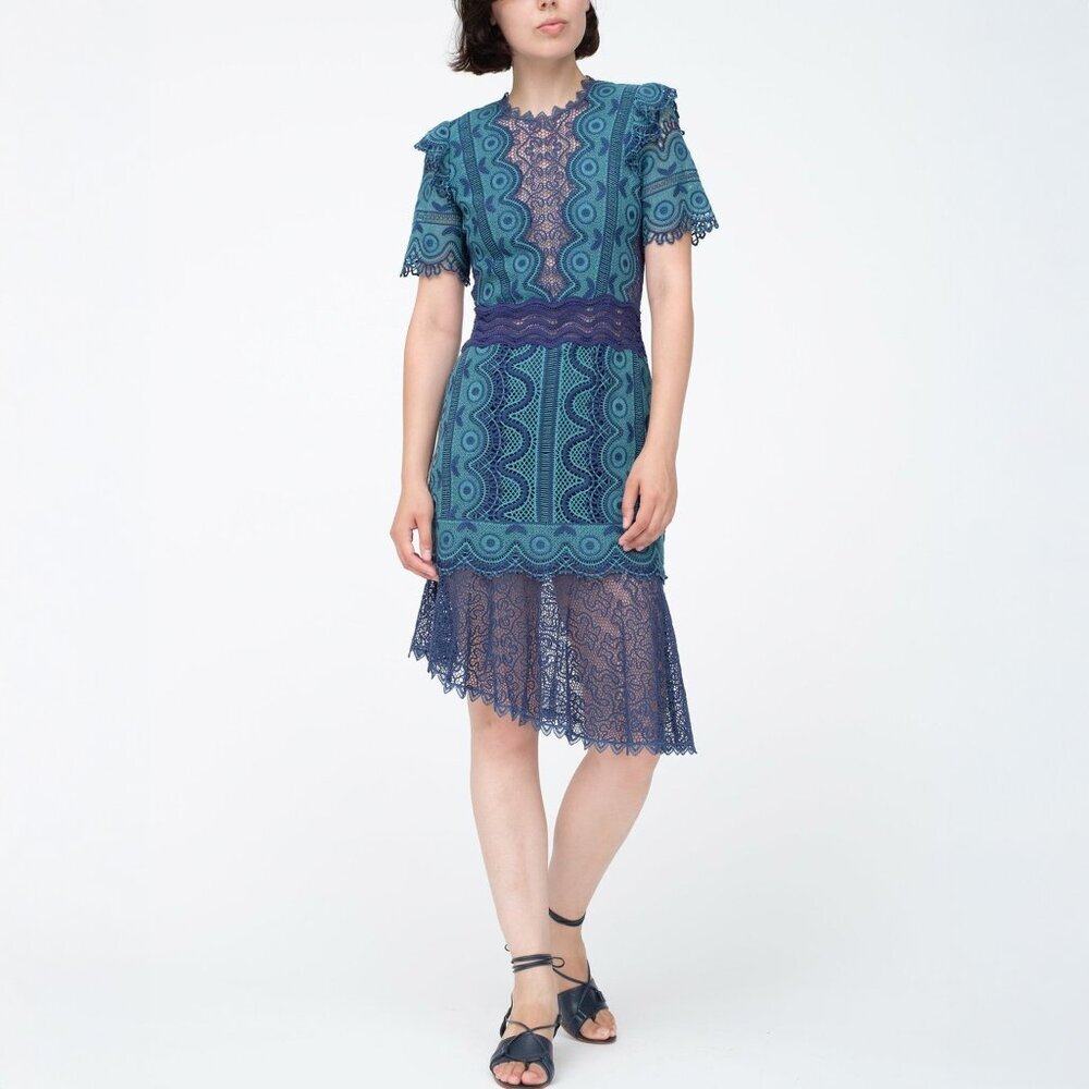 Sea New York Lola Lace Midi Dress in Teal Navy Size 4